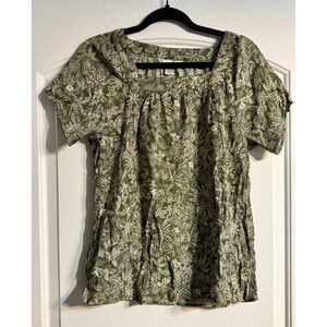Christopher & Banks Blouse Small Green Botanical Square Neck Top Boho Fern